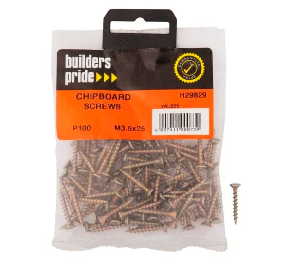 Builders 100 x Chipboard Screws 6 x 25 mm Builders 100 x Chipboard Screws 6 x 25 mm — Builders Store SA