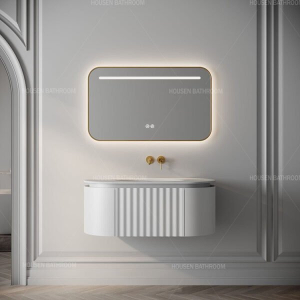 Curved Grille High End Furniture Simplicity PVC Bathroom Cabinet with Glass Basin