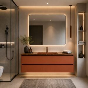 Custom Size WPC Floor-Standing Vanity Cabinet 820-850mm Height with Mirror Cabinet Combo for Hotel Guest Room