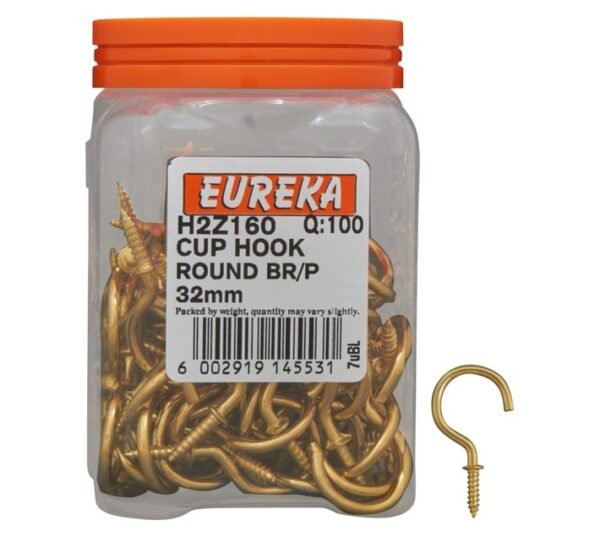 Eureka 100 x Brass Plated Round Cup Hooks 32 mm â€” Builders Store SA