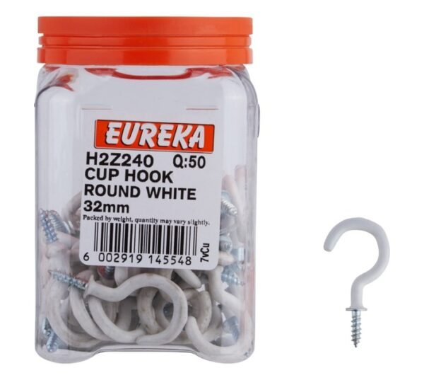 Eureka 50 x Round Cup Hooks White 32 mm â€” Builders Store SA
