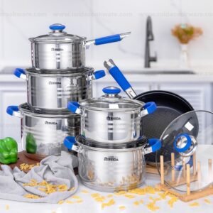 Factory Recommendation 12PCS Stainless Steel Blue Silicone Handle Cookware Set Factory Recommendation 12PCS Stainless Steel Blue Silicone Handle Cookware Set