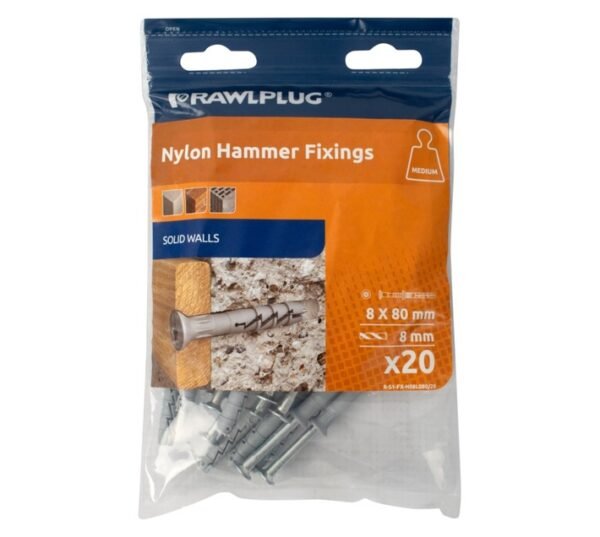 Rawlplug 20 x Nylon Hammer Fixings Screws 80 x 8 mm â€” Builders Store SA